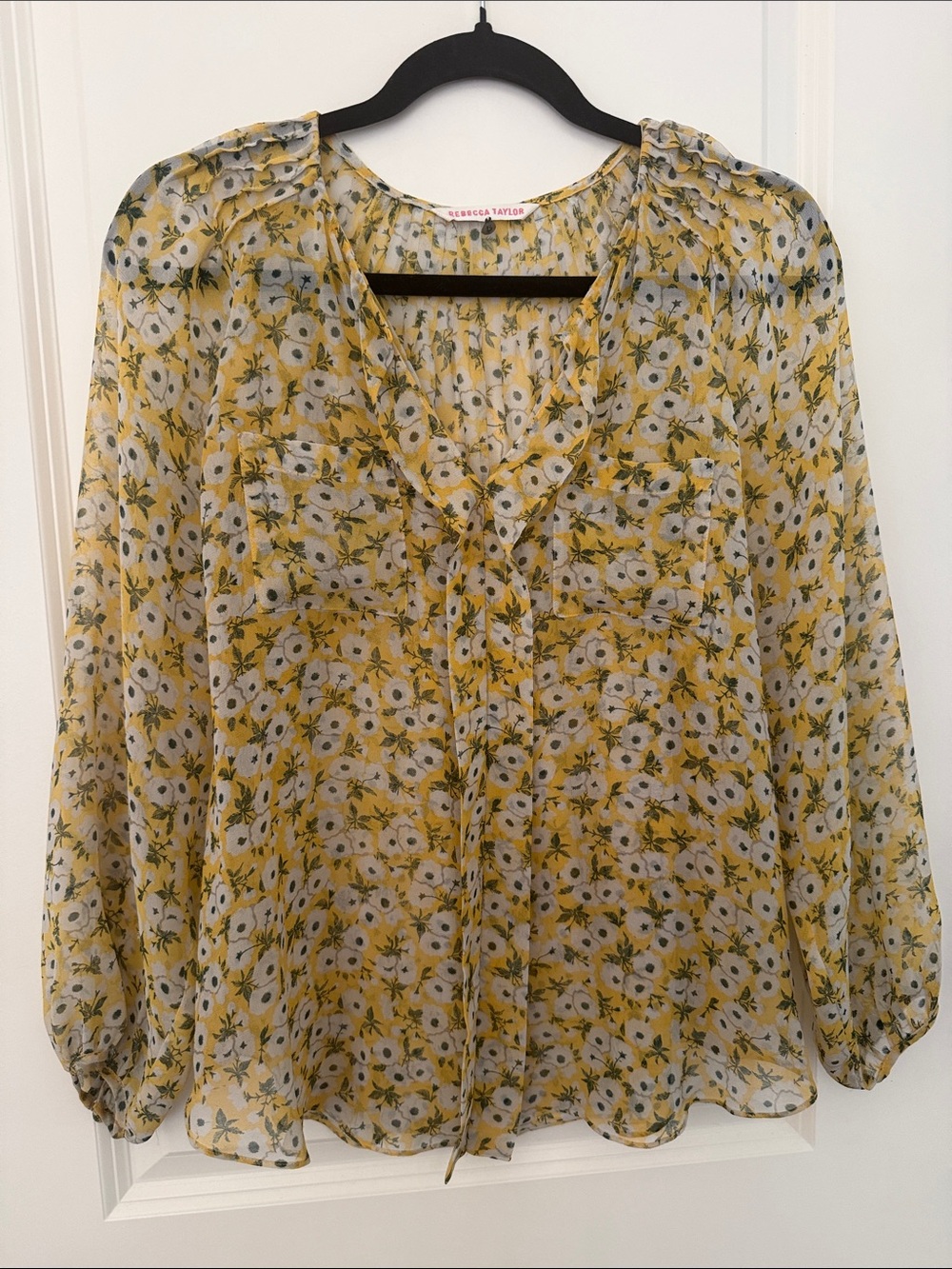 Rebecca Taylor Sheer Yellow Green Romantic Floral Print Cottagecore Boho size 6